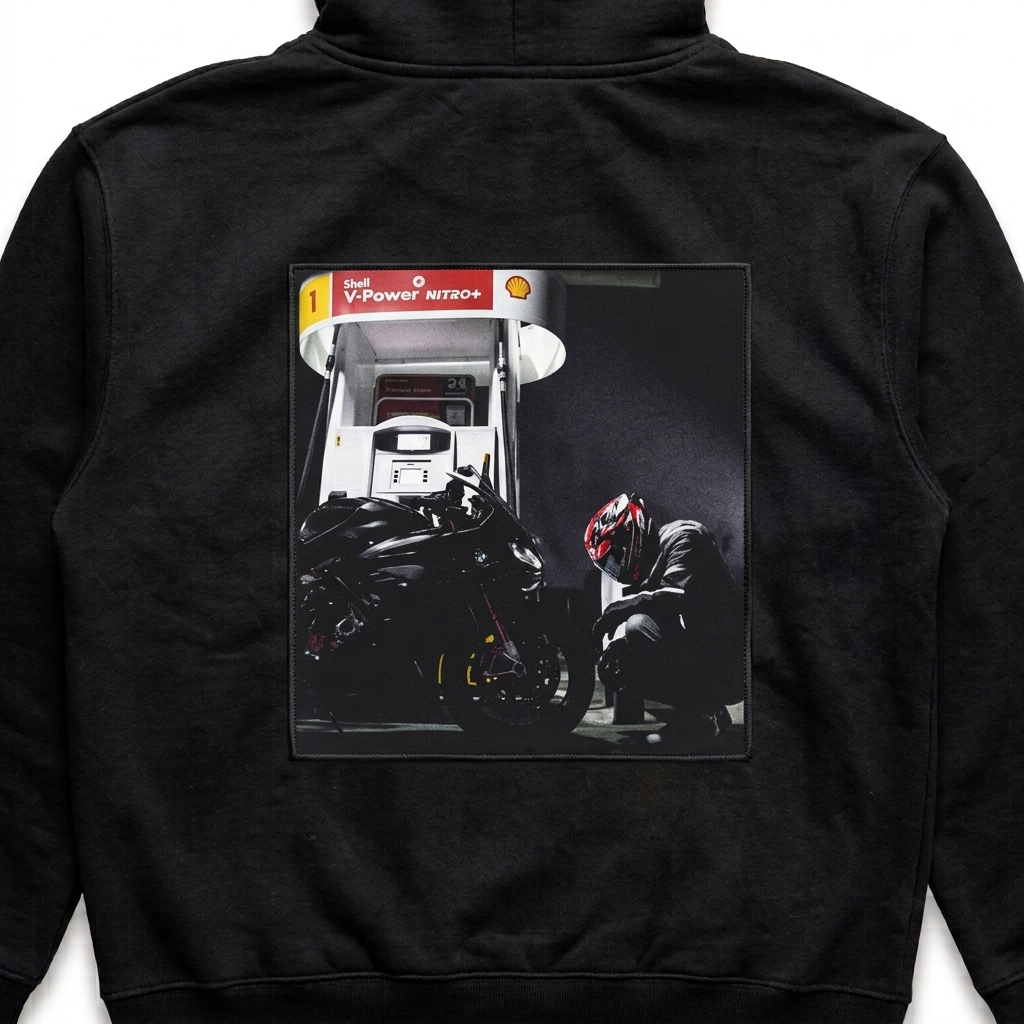 Back of the hoodie — gas station photo patch